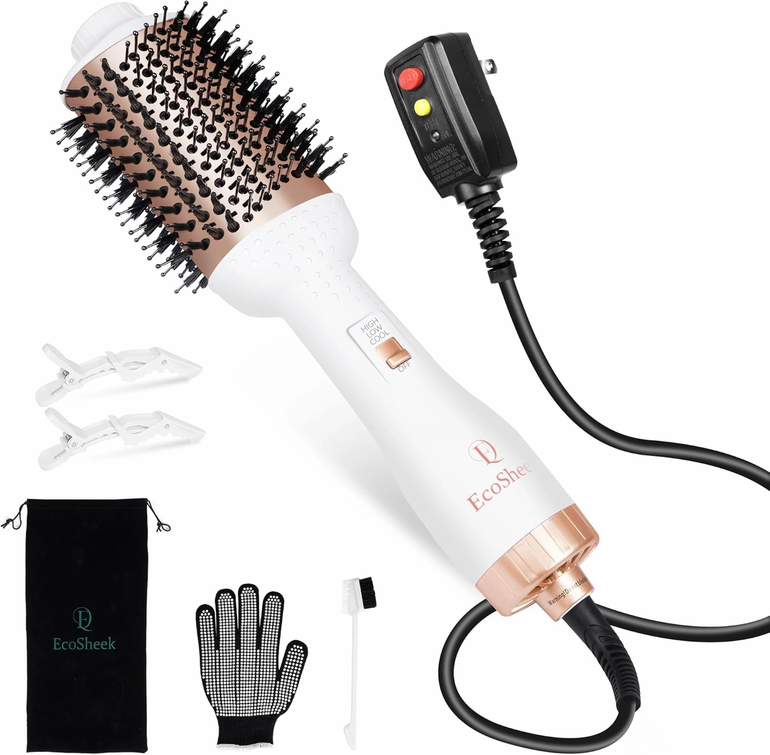 Hair Blow Dryer Brush EcoSheek - 4 in 1 Volumizer, Ceramic & Ionic, Anti-Frizz, Titanium Barrel, ALCI Plug, 1.3 lbs, 1.83 in Handle, 2.83 in Comb