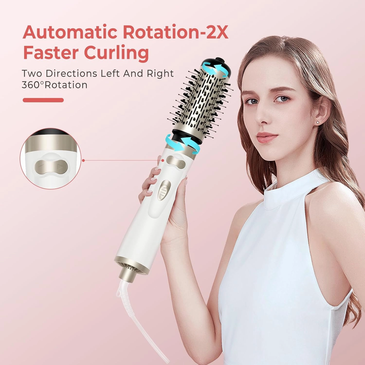 Hair Dryer Brush, 3-in-1 Rotating Round Hot Air Spin Brush Set with 2 Brushes (2" & 1.5"), Negative Ionic Blow Volumizer, 2 Detachable Auto-Rotating Curling Brush (White Gold)
