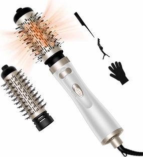 Hair Dryer Brush, 3-in-1 Rotating Round Hot Air Spin Brush Set with 2 Brushes (2" & 1.5"), Negative Ionic Blow Volumizer, 2 Detachable Auto-Rotating Curling Brush (White Gold)