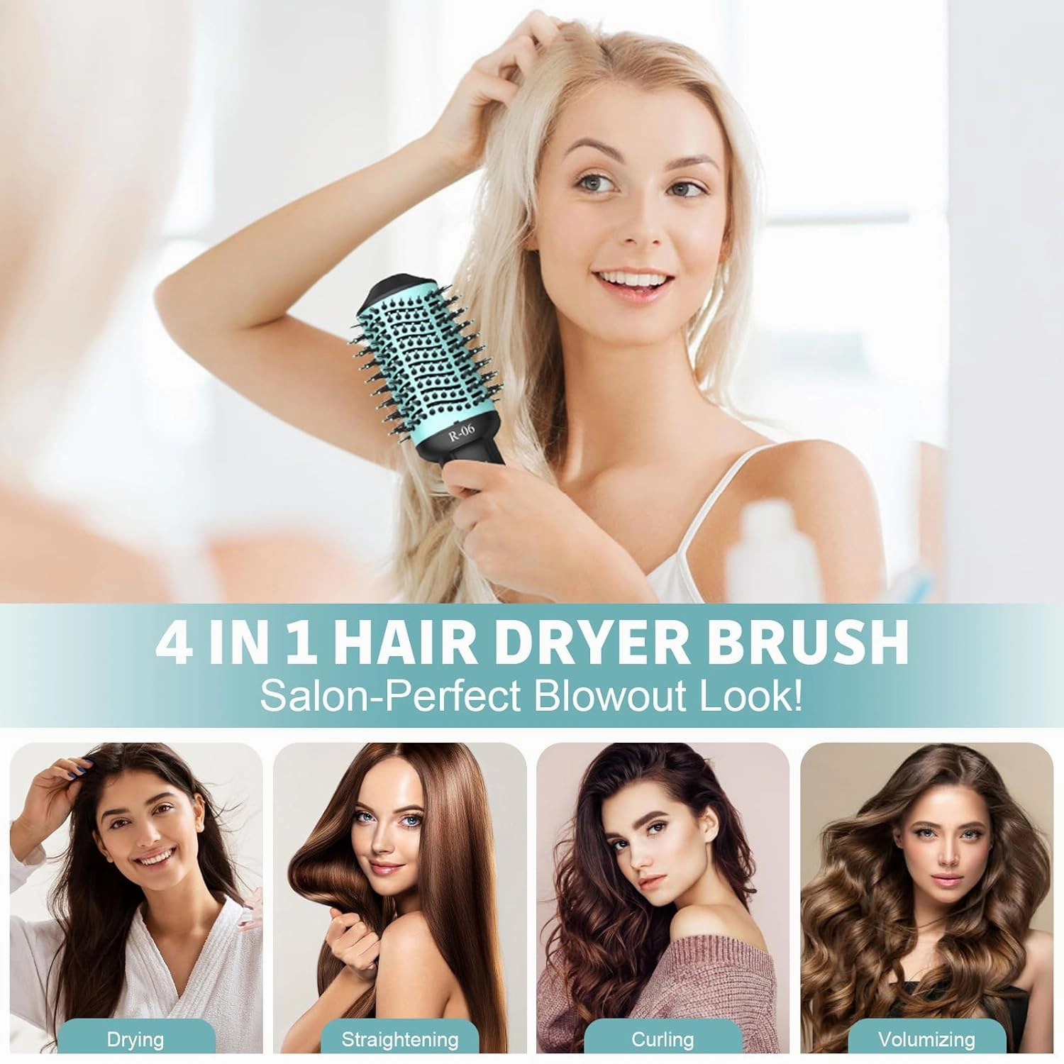 Hair Dryer Brush Blow Dryer Brush in One, 4 in 1 Hair Dryer and Styler Volumizer with Oval Barrel, Professional Salon Hot Air Brush for All Hair Types, Teal