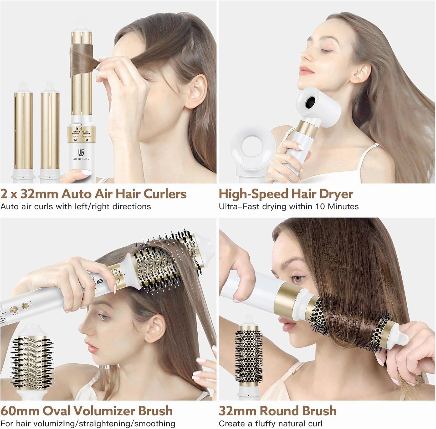 Hair Dryer Brush, webeauty 5 in 1 One Step Professional Hot Air Brush Set for Fast Drying, Curling Drying, Straightening Combing, Hair Styler [Ceramic Coating] [Negative Ion] 110000 RPM (White)