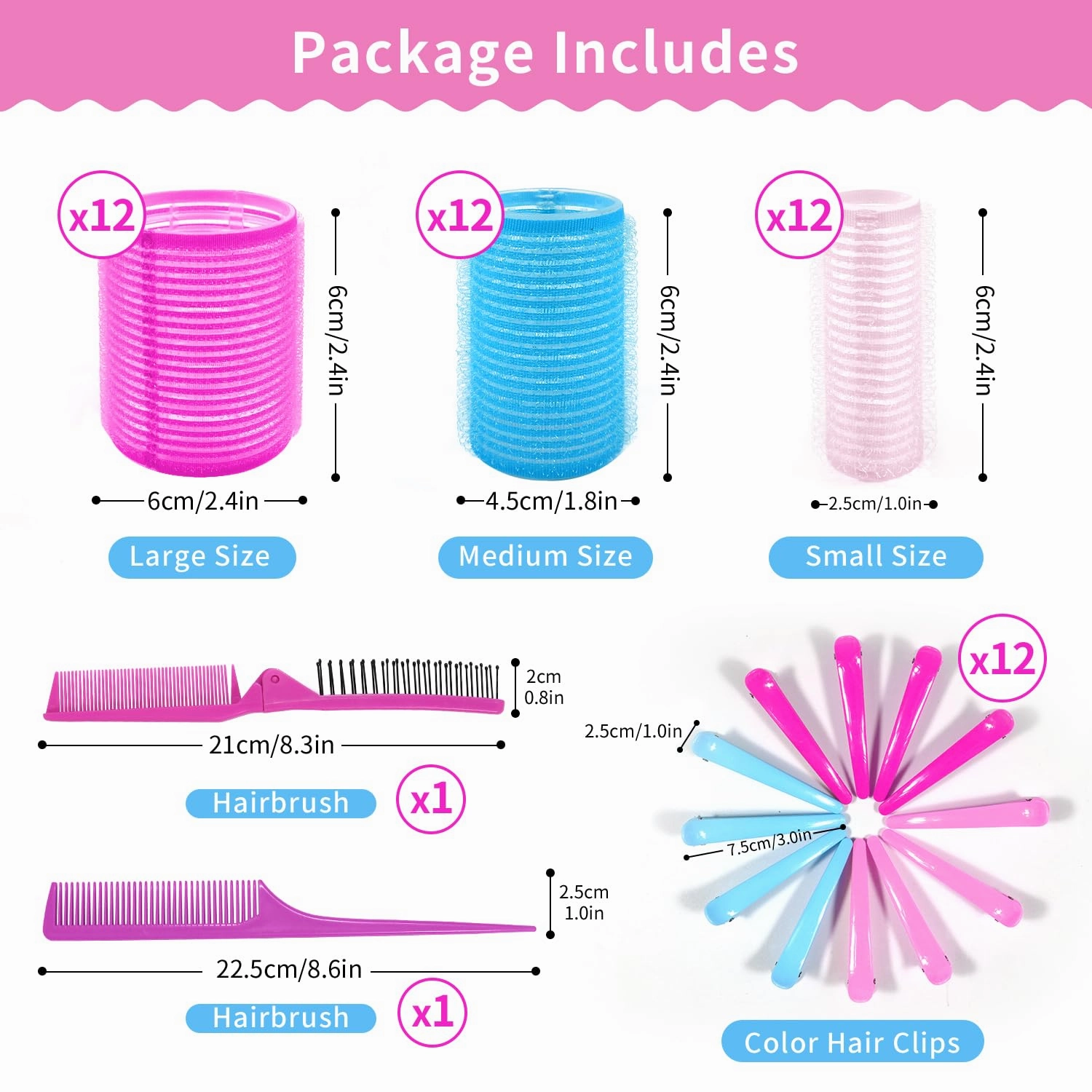 Hair Rollers Large Small 50PCS Set, 36PC Large Medium Small Hair Rollers for Volume Curlers with 12PC Clips 1 Tail Comb and 1 Folding Brush Comb for Short Medium Blowout Look Long Hair