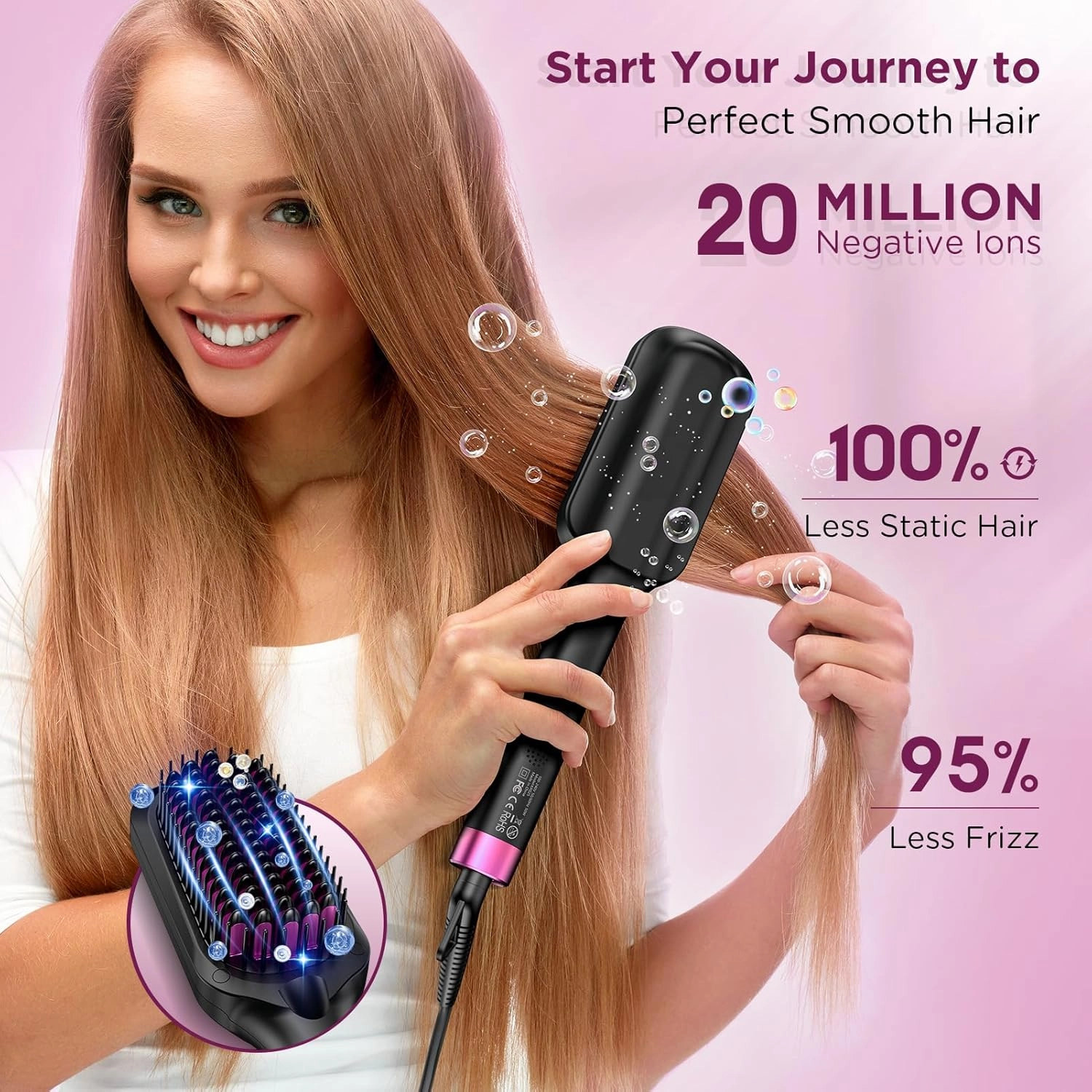 Hair Straightener Brush, 30s Fast Heated Negative Ionic Hair Straightening Brush, Global Voltage, 16 Temp Modes, Anti-Frizz & Anti-Scald & Auto Temperature Lock & Auto-Off Function-Black