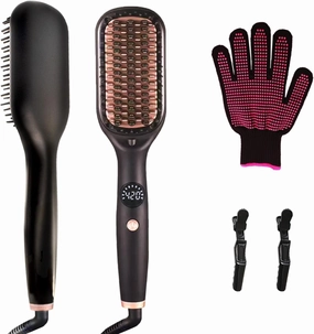 Hair Straightener Brush, Heated Straightening Brush with Ionic Generator, Straightener Comb for Straightening, 20s Fast Heating, Ceramic Hot Comb for Women, LED Display & Dual Voltage, Black
