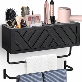 Hair Tool Organizer Wall Mount With 2 Towel Bars, Wood Hot Tools Holder, Rustic Bathroom Blow Dryer Holder For Decor, Flat Iron, Curling Wand, Brushes (Black)