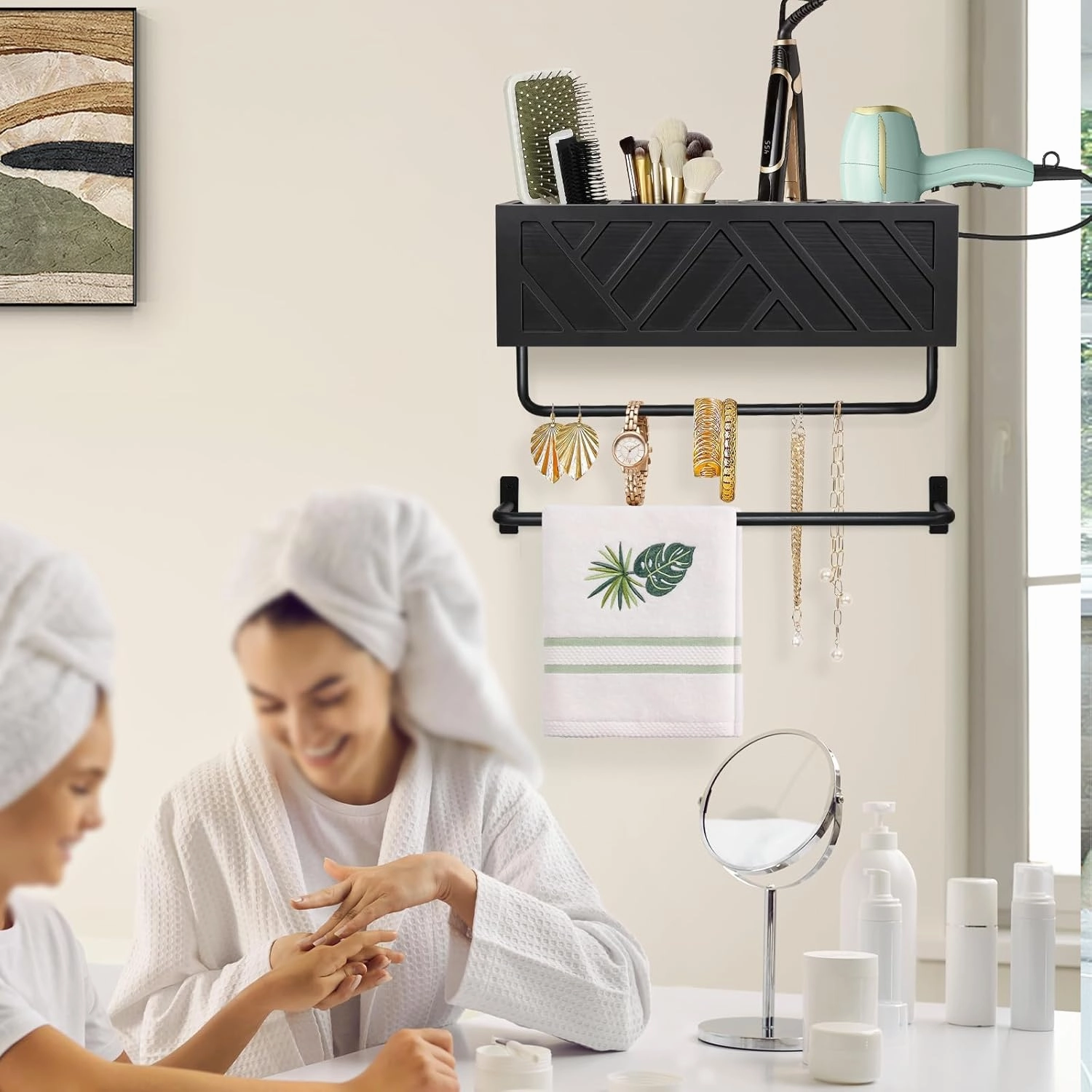 Hair Tool Organizer Wall Mount With 2 Towel Bars, Wood Hot Tools Holder, Rustic Bathroom Blow Dryer Holder For Decor, Flat Iron, Curling Wand, Brushes (Black)