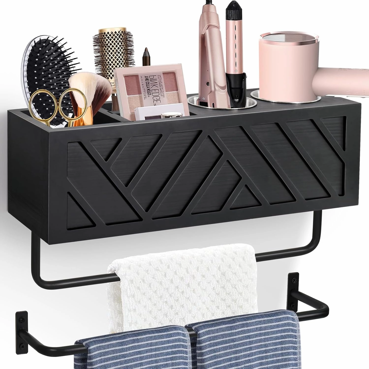 Hair Tool Organizer Wall Mount With 2 Towel Bars, Wood Hot Tools Holder, Rustic Bathroom Blow Dryer Holder For Decor, Flat Iron, Curling Wand, Brushes (Black)