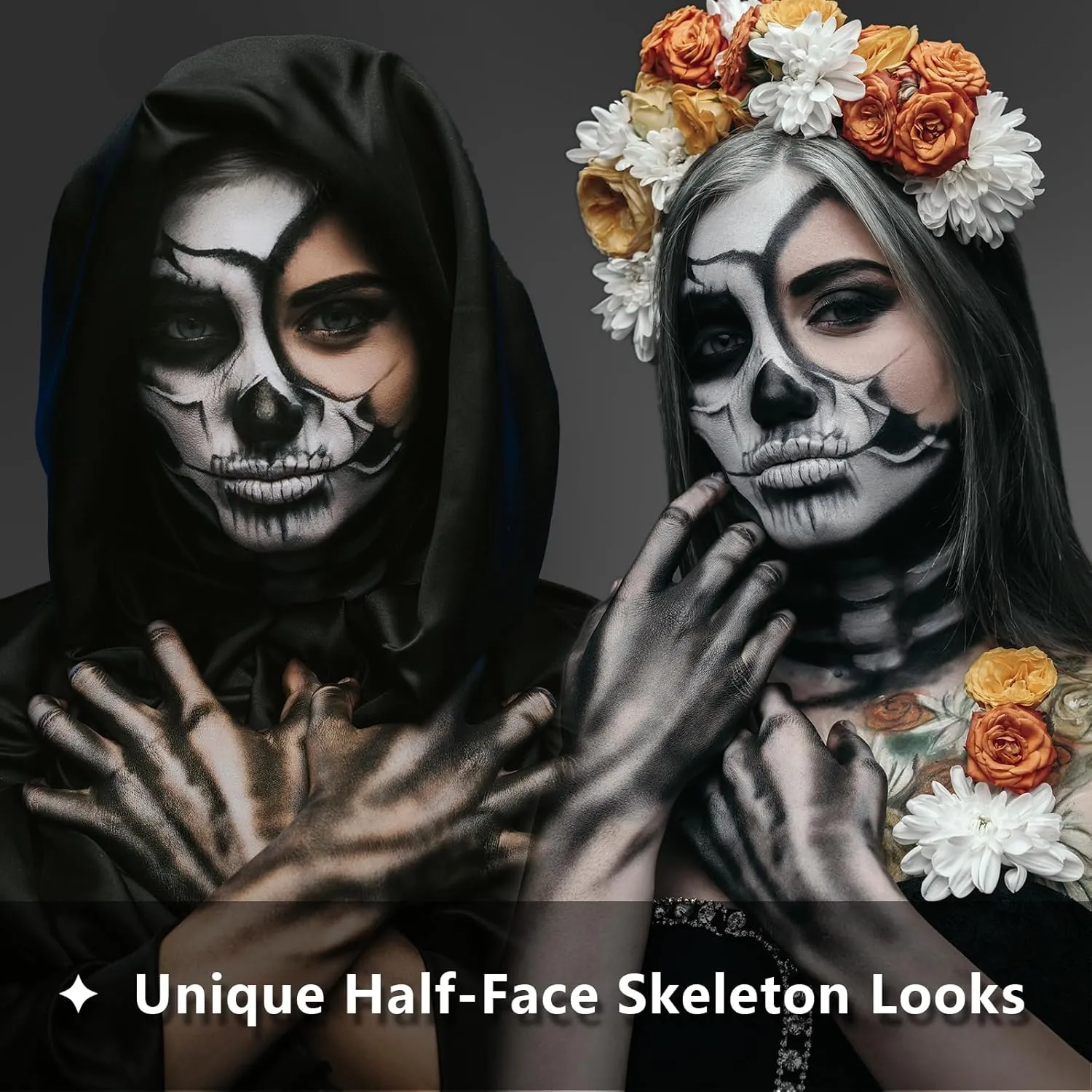Halloween Skeleton Makeup, Complete Skeleton/Skull Makeup Kit Face Paint SFX Character Set, Professional Skeleton Make Up Kit for Costume Art Cosplay Dress-Up Party for Kids & Adults