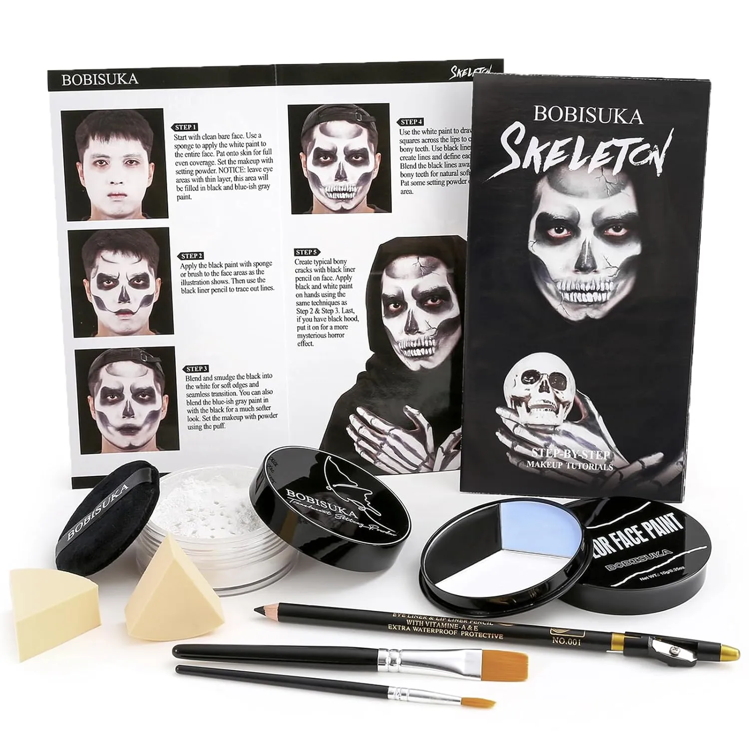 Halloween Skeleton Makeup, Complete Skeleton/Skull Makeup Kit Face Paint SFX Character Set, Professional Skeleton Make Up Kit for Costume Art Cosplay Dress-Up Party for Kids & Adults