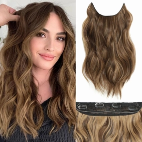 Halo Hair Extensions 16 Inch Invisible Wire Hair Extensions Adjustable Long Wavy Hairpiece Synthetic Upgrade 4 Secure Clips in Hairpieces 16 Inch,Medium Brown Mixed Golden Brown