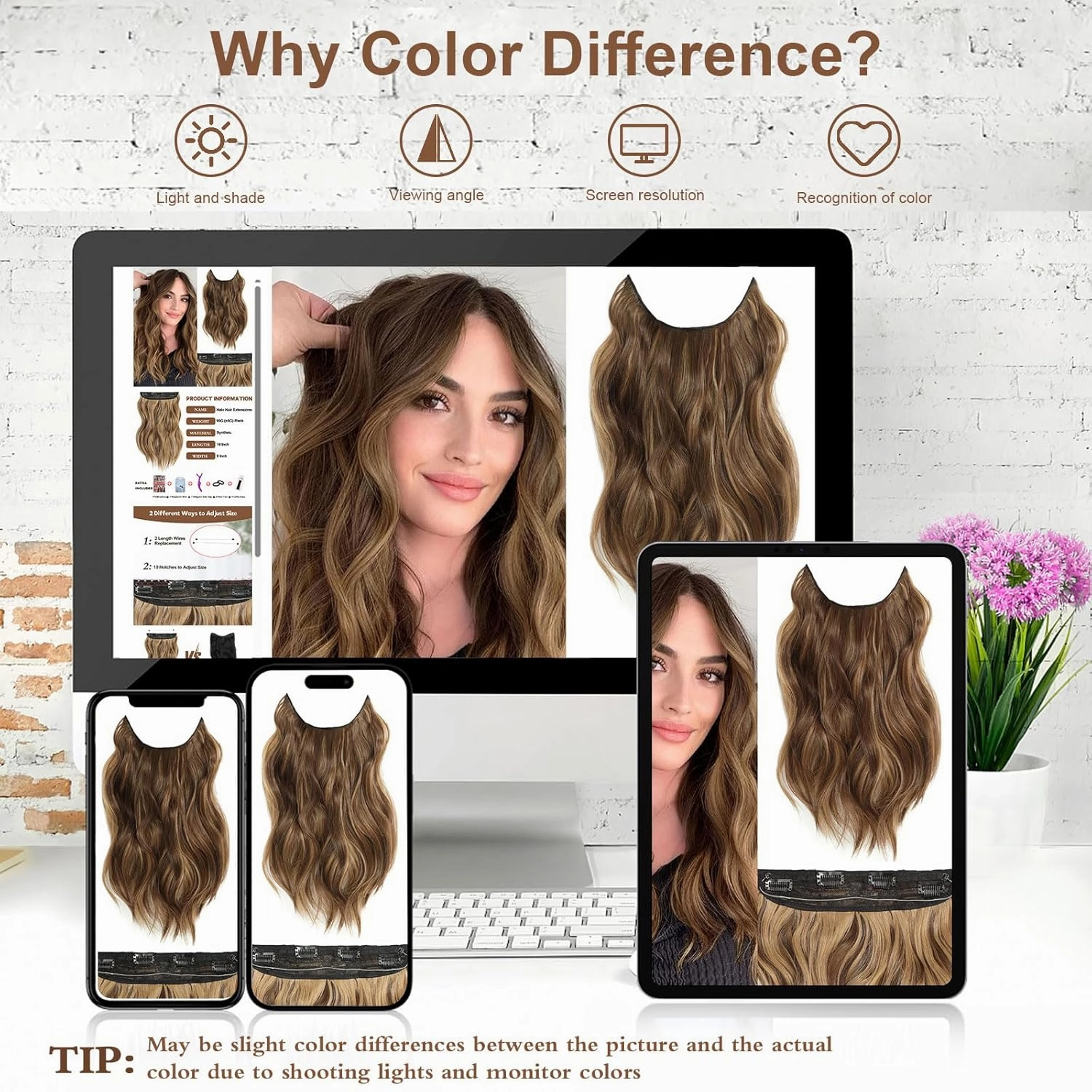 Halo Hair Extensions 16 Inch Invisible Wire Hair Extensions Adjustable Long Wavy Hairpiece Synthetic Upgrade 4 Secure Clips in Hairpieces 16 Inch,Medium Brown Mixed Golden Brown