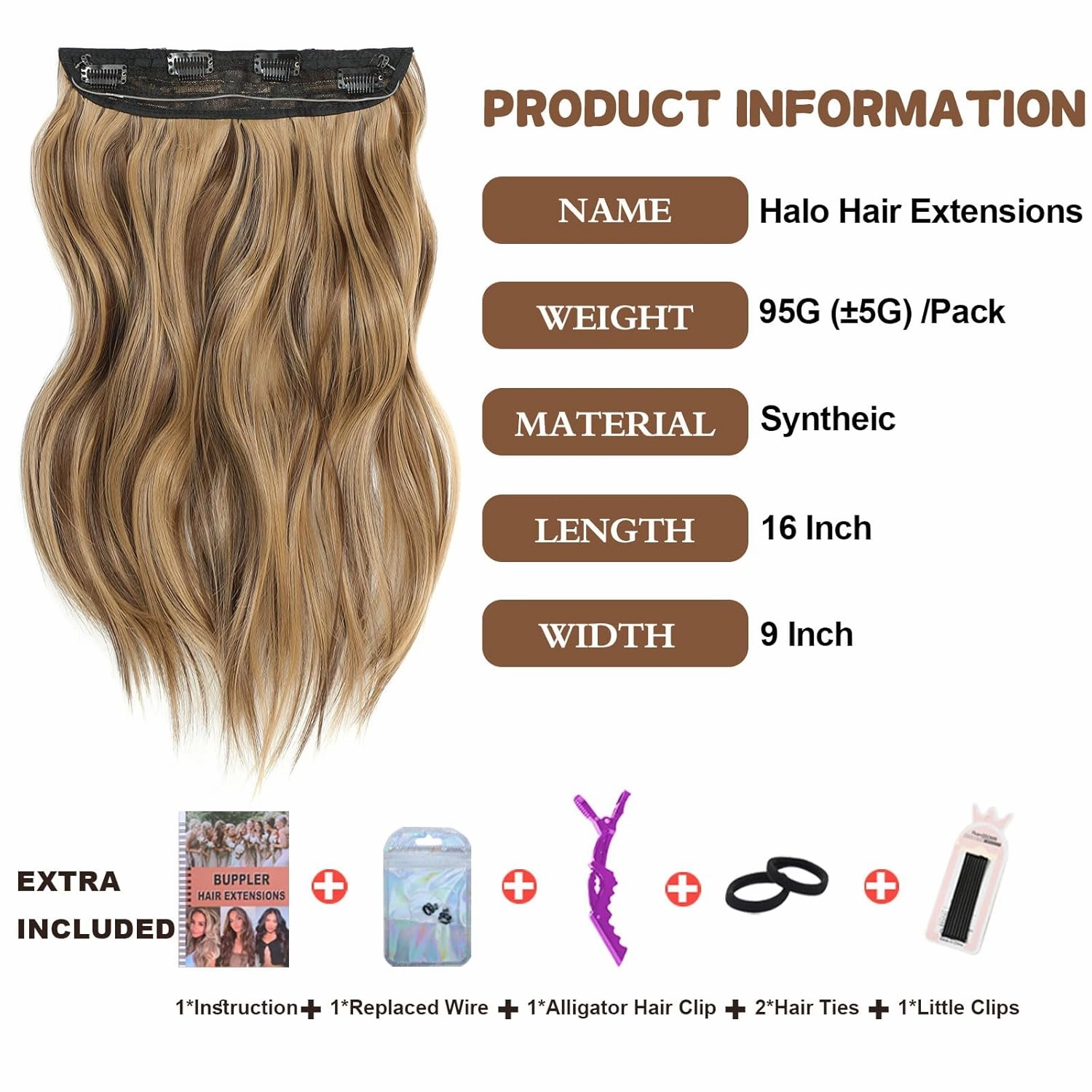 Halo Hair Extensions 16 Inch Invisible Wire Hair Extensions Adjustable Long Wavy Hairpiece Synthetic Upgrade 4 Secure Clips in Hairpieces 16 Inch,Medium Brown Mixed Golden Brown