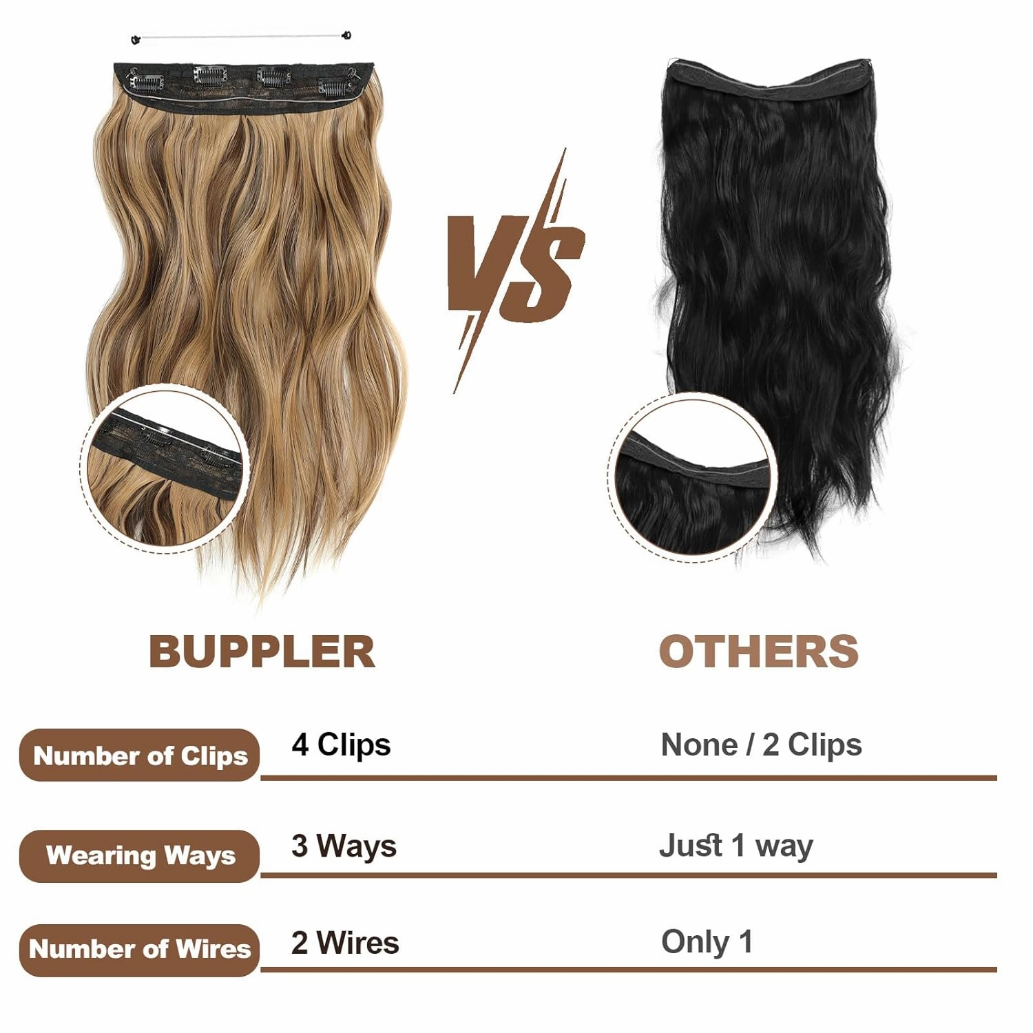 Halo Hair Extensions 16 Inch Invisible Wire Hair Extensions Adjustable Long Wavy Hairpiece Synthetic Upgrade 4 Secure Clips in Hairpieces 16 Inch,Medium Brown Mixed Golden Brown