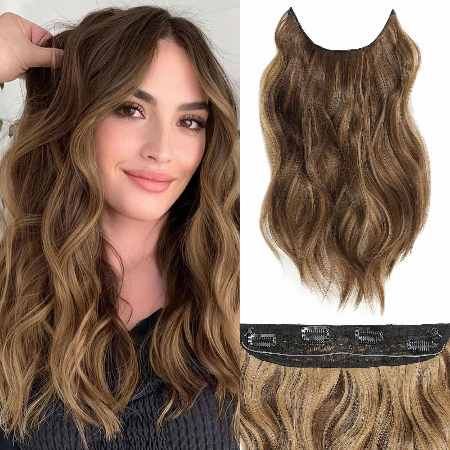 Halo Hair Extensions 16 Inch Invisible Wire Hair Extensions Adjustable Long Wavy Hairpiece Synthetic Upgrade 4 Secure Clips in Hairpieces 16 Inch,Medium Brown Mixed Golden Brown