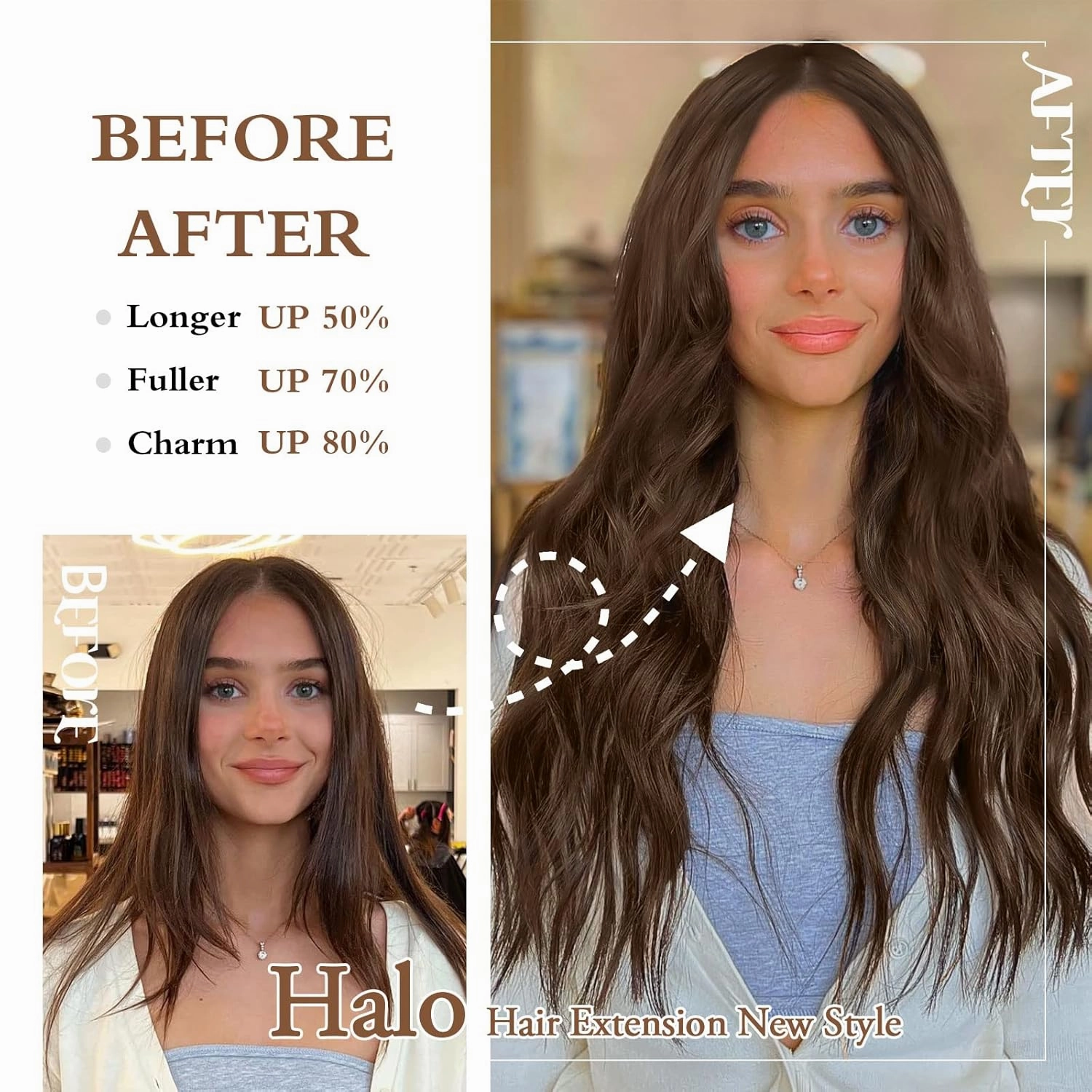 Halo Hair Extensions 20 Inch Invisible Wire Hair Extensions Adjustable Long Wavy Hairpiece Synthetic Upgrade 4 Secure Clips in Hairpieces 20 Inch,Medium Brown