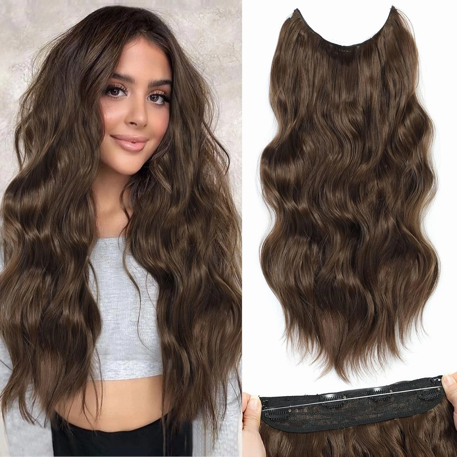 Halo Hair Extensions 20 Inch Invisible Wire Hair Extensions Adjustable Long Wavy Hairpiece Synthetic Upgrade 4 Secure Clips in Hairpieces 20 Inch,Medium Brown