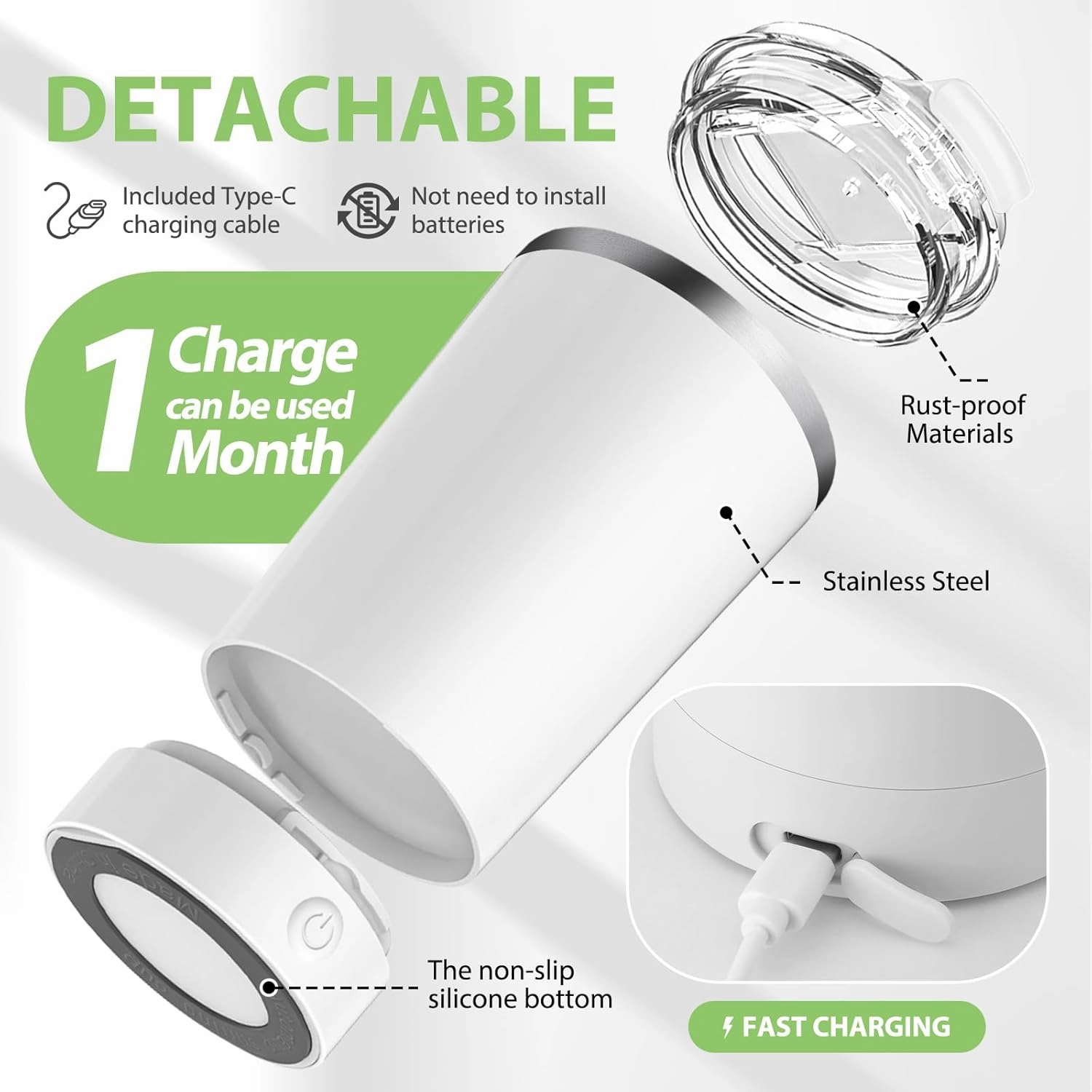 Hatisan Self Stirring Coffee Mug With Lid Electric High Speed Self Stirring Mug 400ml Rechargeable Detachable Stainless Steel Self Stirring Cup for Coffee, Milk, Cocoa Christmas Gift(White)