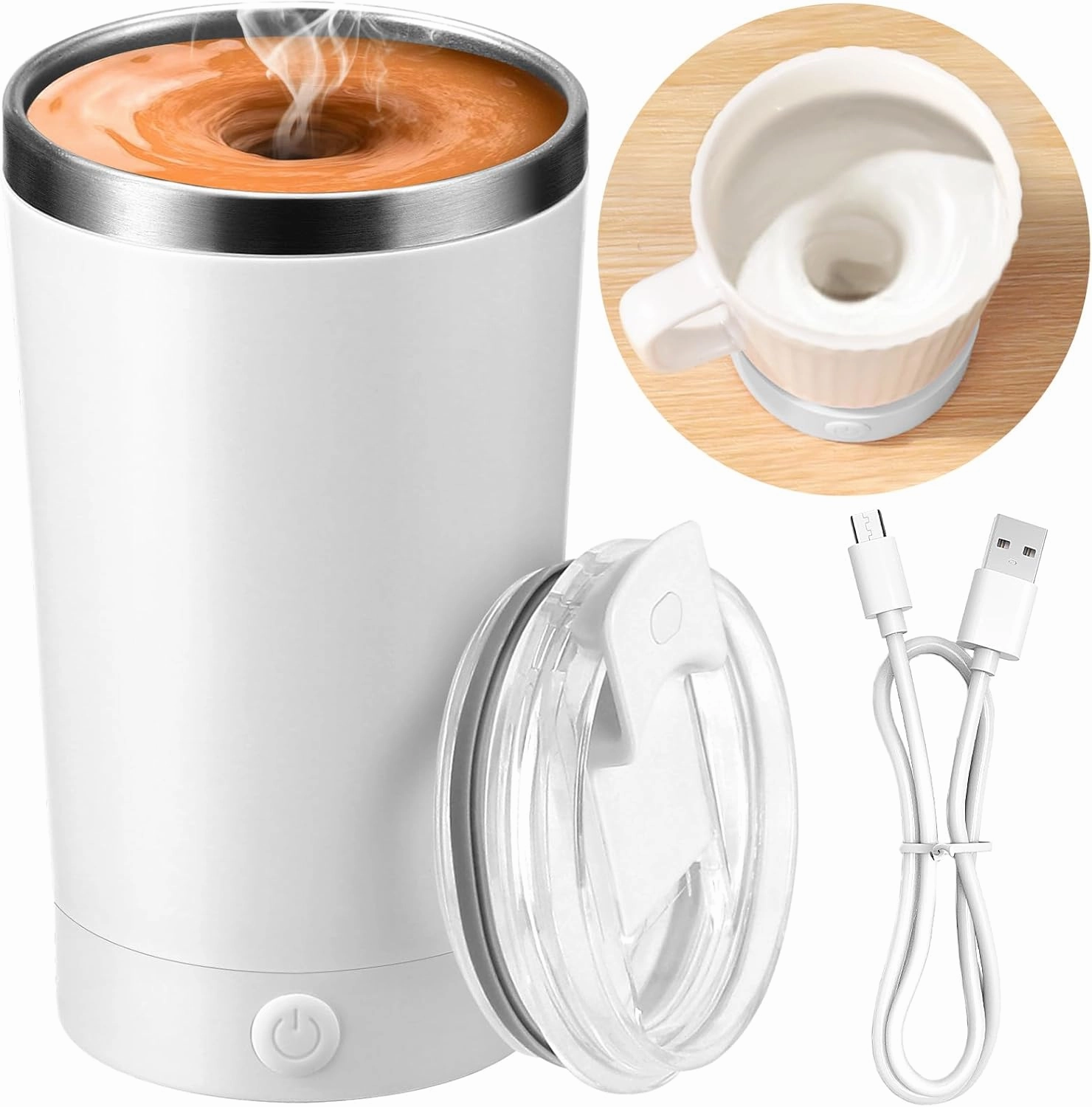 Hatisan Self Stirring Coffee Mug With Lid Electric High Speed Self Stirring Mug 400ml Rechargeable Detachable Stainless Steel Self Stirring Cup for Coffee, Milk, Cocoa Christmas Gift(White)