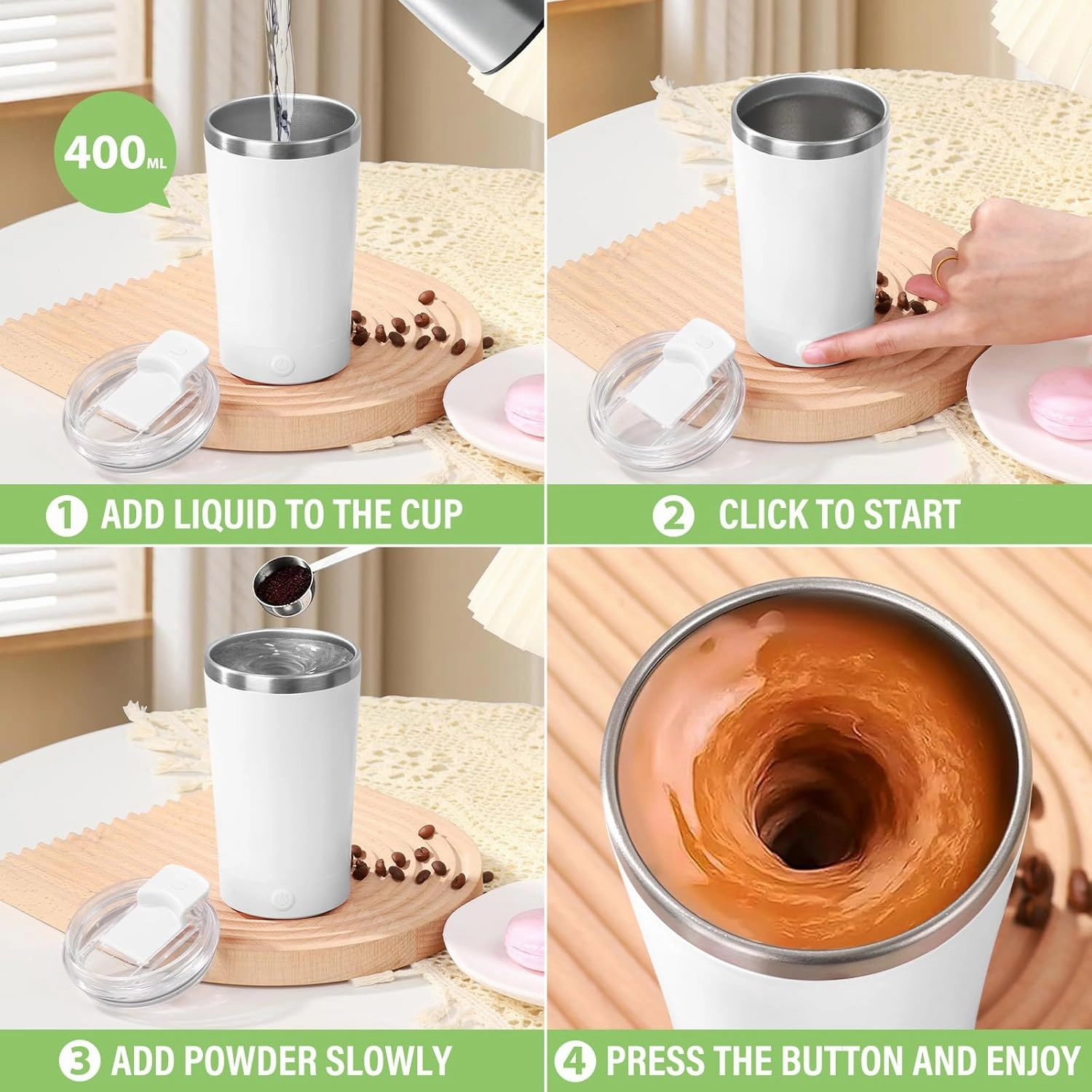 Hatisan Self Stirring Coffee Mug With Lid Electric High Speed Self Stirring Mug 400ml Rechargeable Detachable Stainless Steel Self Stirring Cup for Coffee, Milk, Cocoa Christmas Gift(White)