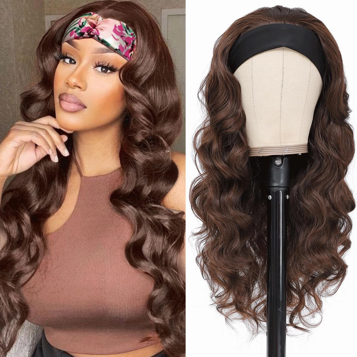 Headband Wigs for Women Glueless Synthetic Wig Heat Resistant Fiber Chocolate Brown Color Long Headband Wig for Daily Use(4#)