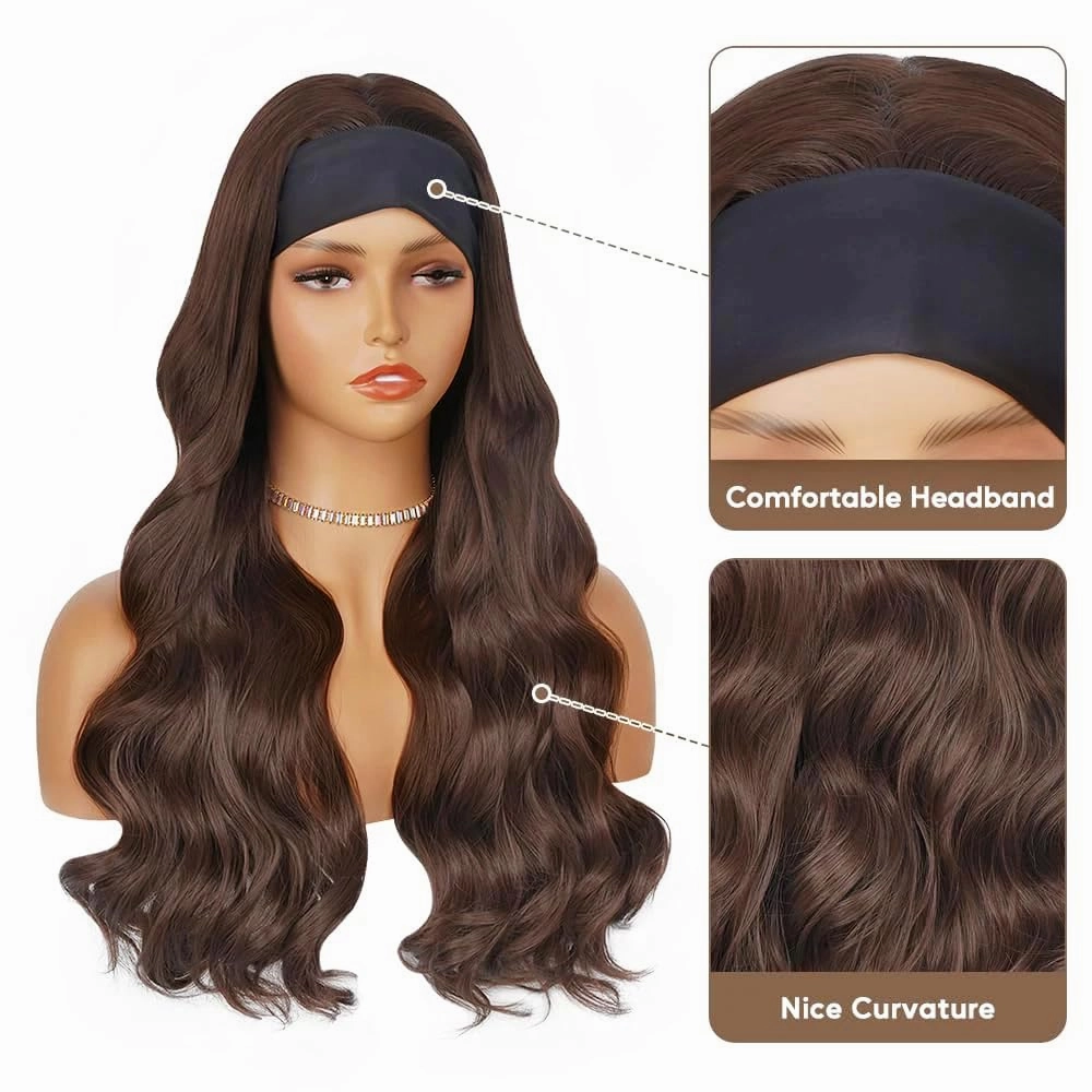 Headband Wigs for Women Glueless Synthetic Wig Heat Resistant Fiber Chocolate Brown Color Long Headband Wig for Daily Use(4#)
