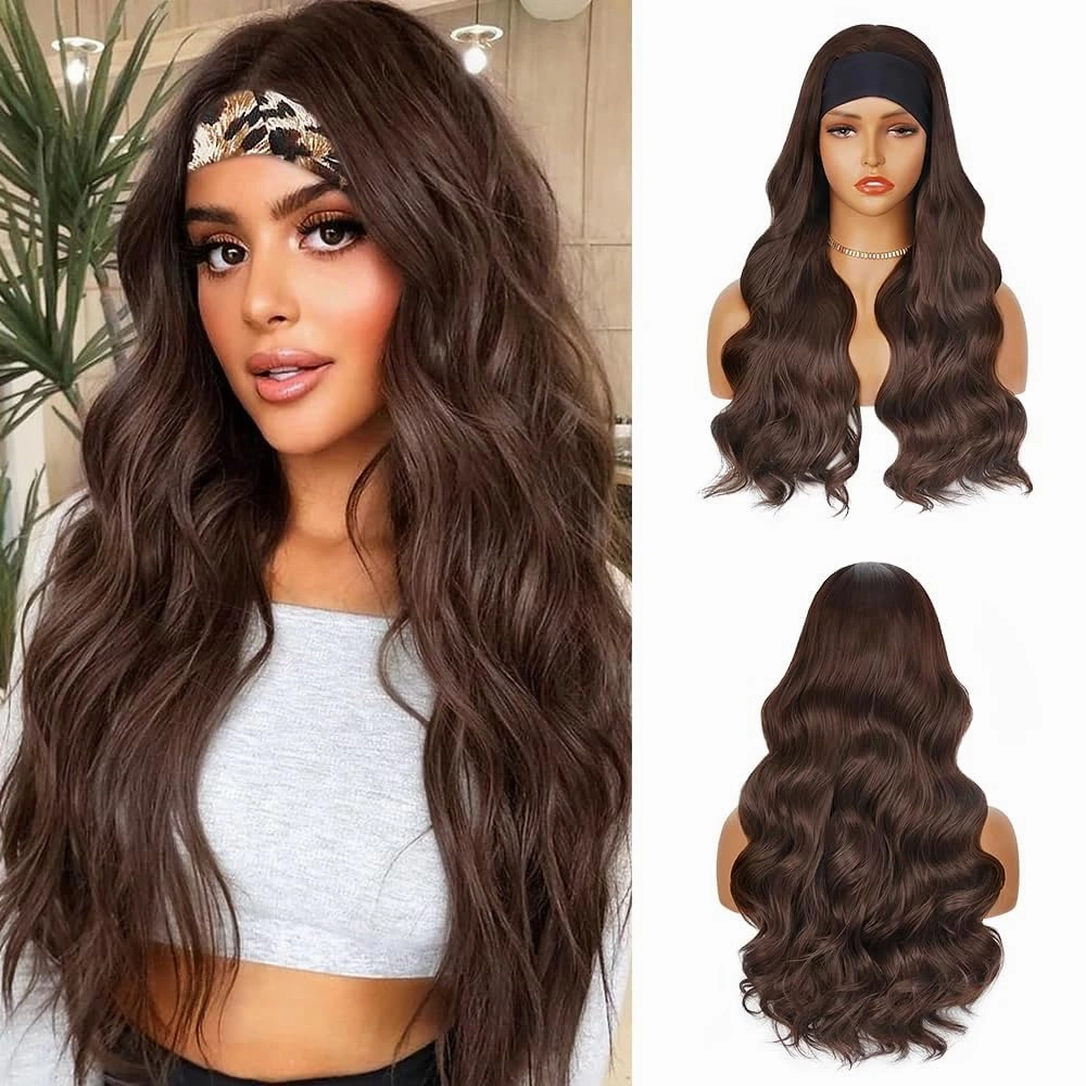 Headband Wigs for Women Glueless Synthetic Wig Heat Resistant Fiber Chocolate Brown Color Long Headband Wig for Daily Use(4#)