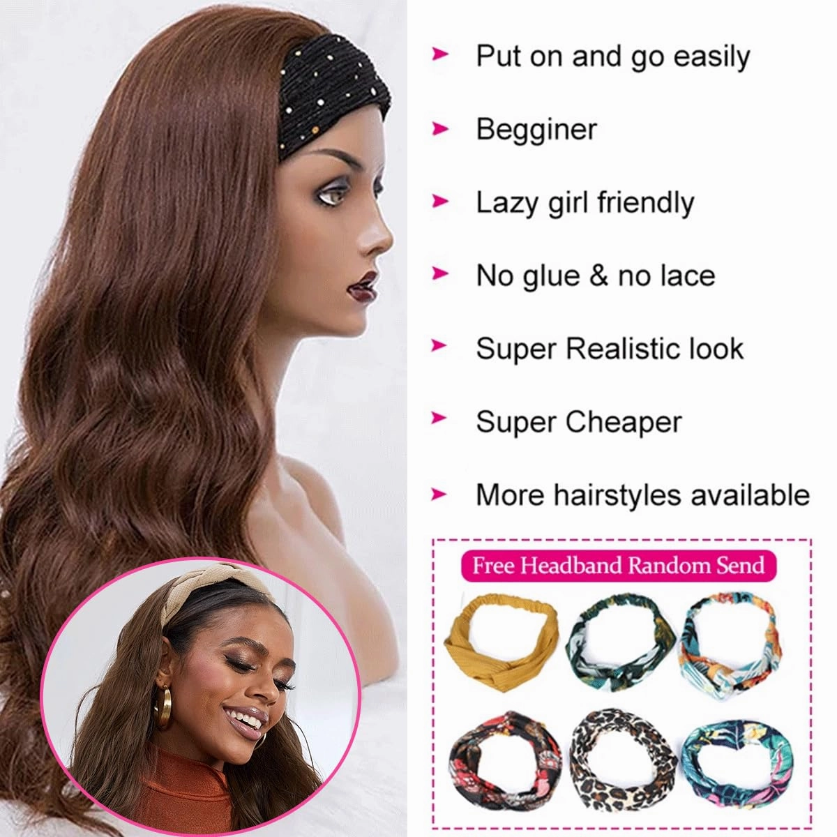 Headband Wigs for Women Glueless Synthetic Wig Heat Resistant Fiber Chocolate Brown Color Long Headband Wig for Daily Use(4#)