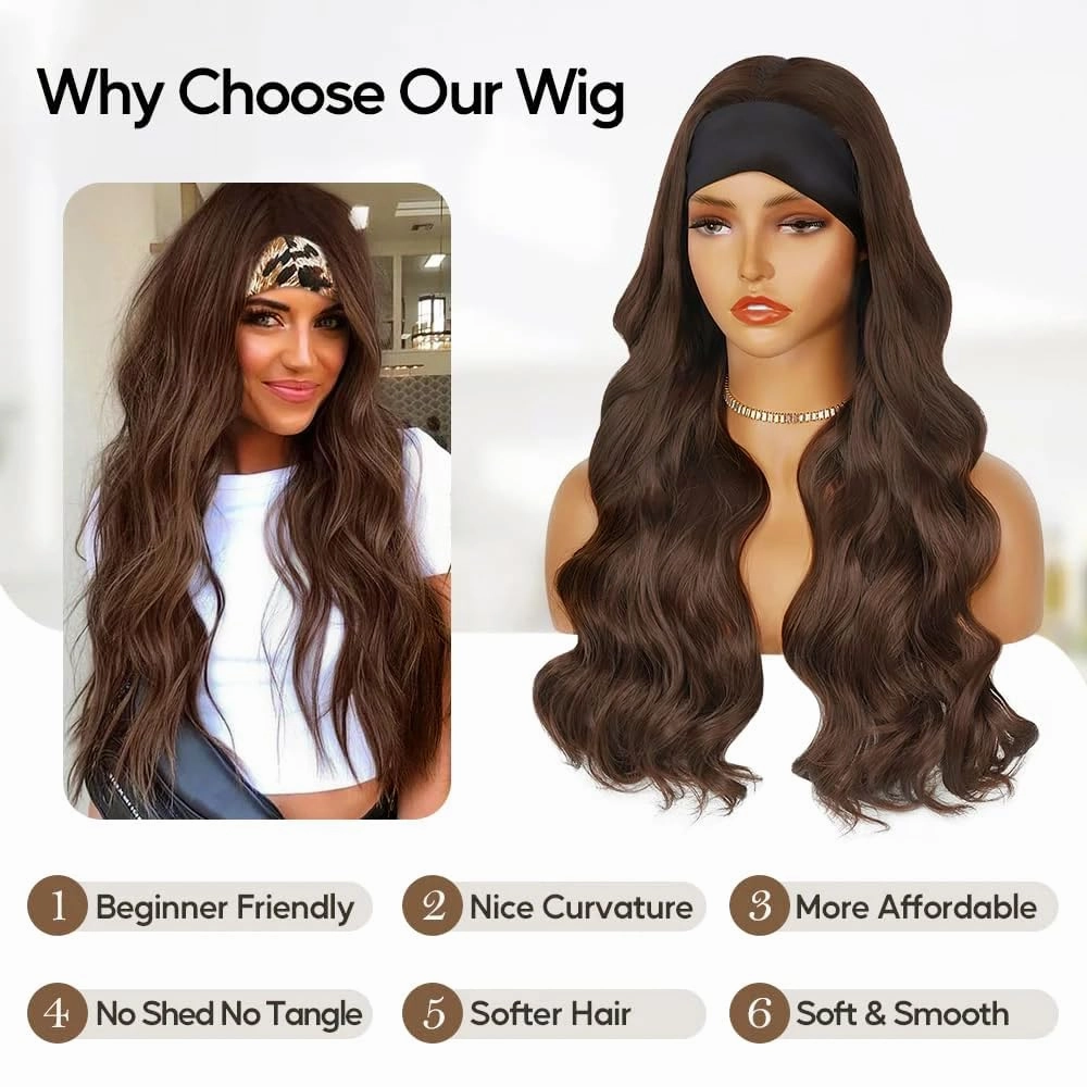 Headband Wigs for Women Glueless Synthetic Wig Heat Resistant Fiber Chocolate Brown Color Long Headband Wig for Daily Use(4#)