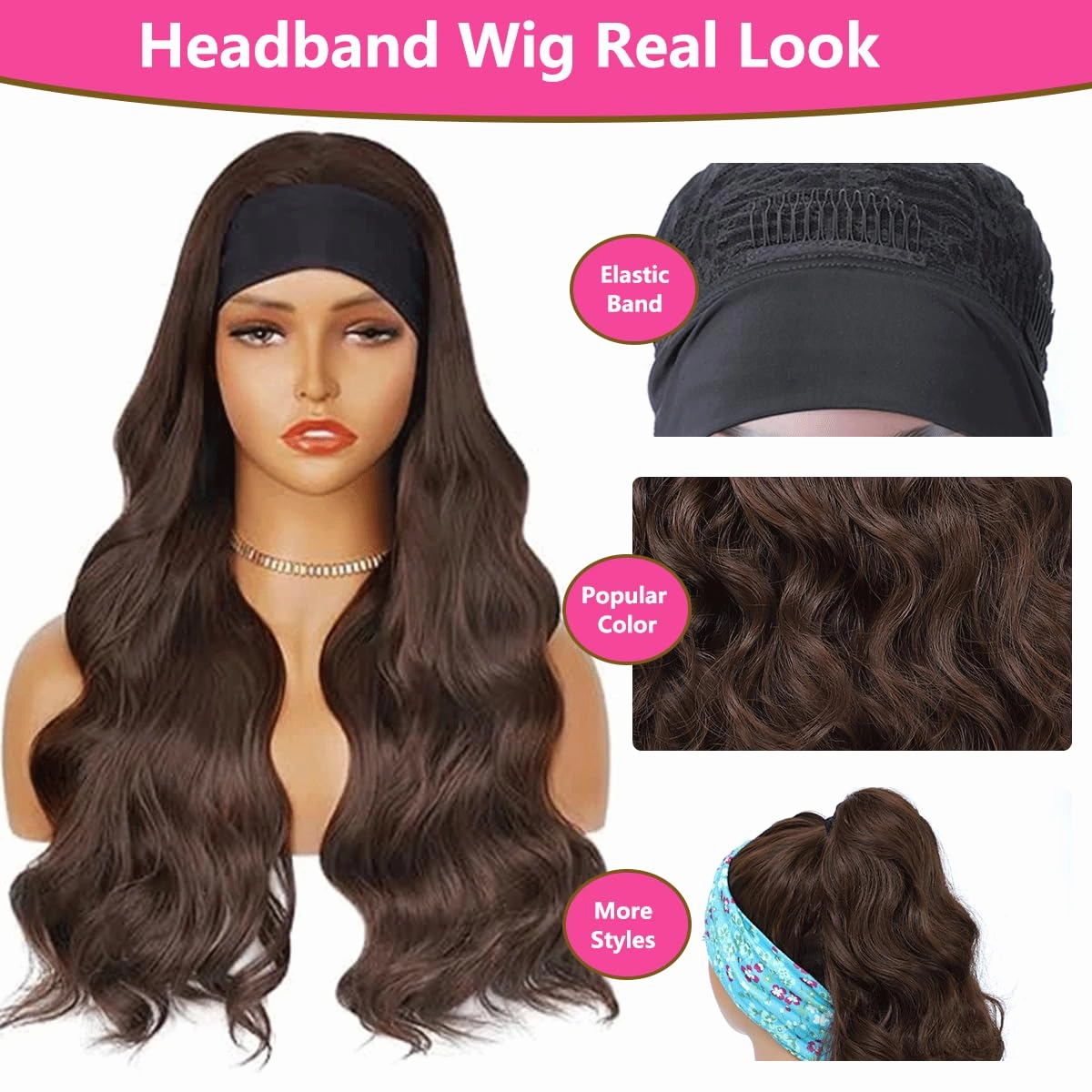 Headband Wigs for Women Glueless Synthetic Wig Heat Resistant Fiber Chocolate Brown Color Long Headband Wig for Daily Use(4#)