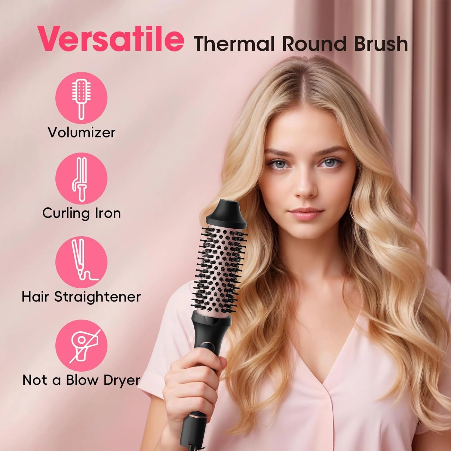 Heated Round Brush for Hair Straightener, Curler, and Volumizer, 1.5 inch Curling Styler, Negative Ion Thermal Brush, with 6 Temp Settings, Fast Heating, Dual Voltage for Travel, Rose Gold