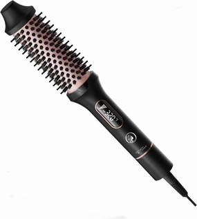 Heated Round Brush for Hair Straightener, Curler, and Volumizer, 1.5 inch Curling Styler, Negative Ion Thermal Brush, with 6 Temp Settings, Fast Heating, Dual Voltage for Travel, Rose Gold
