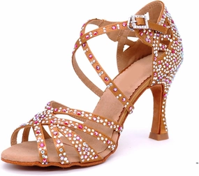 high Heels for Women High Heels Women's Ballroom Shoes, Latin Dance Shoes, Large and Small Rhinestones, Bright Bronze Leather, Black Satin(5 5) Womens Heels