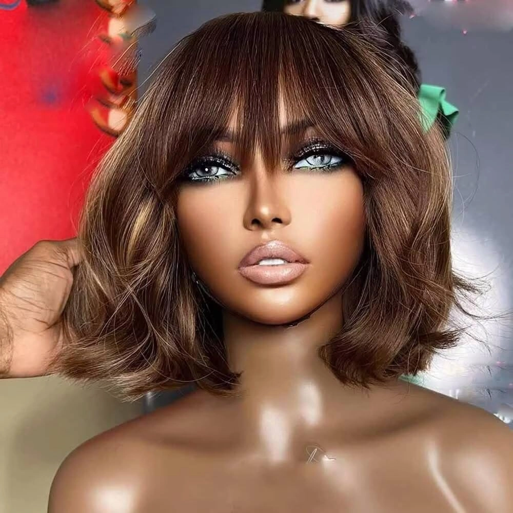 Highlight Ombre Brown #27/30 Wavy 13X6 HD Lace Front Wig with Bangs Natural Wave Glueless Human Hair Pre Plucked with Bleached Knots Brazilian Remy Hair 150 Density for Black Woman 10 Inch