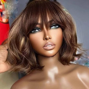 Highlight Ombre Brown #27/30 Wavy 13X6 HD Lace Front Wig with Bangs Natural Wave Glueless Human Hair Pre Plucked with Bleached Knots Brazilian Remy Hair 150 Density for Black Woman 10 Inch