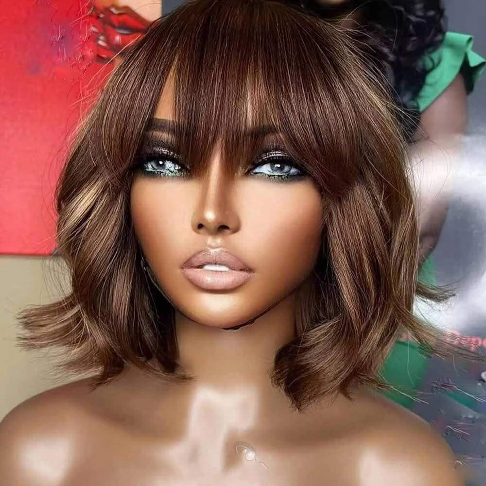 Highlight Ombre Brown #27/30 Wavy 13X6 HD Lace Front Wig with Bangs Natural Wave Glueless Human Hair Pre Plucked with Bleached Knots Brazilian Remy Hair 150 Density for Black Woman 10 Inch