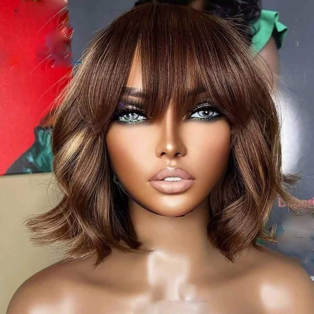 Highlight Ombre Brown #27/30 Wavy 13X6 HD Lace Front Wig with Bangs Natural Wave Glueless Human Hair Pre Plucked with Bleached Knots Brazilian Remy Hair 150 Density for Black Woman 10 Inch
