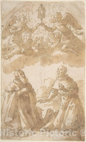 Historic Pictoric Art Print : Marcantonio Bassetti - Two Male Saints Kneeling with Angels Holding a Reliquary. : Vintage Wall Décor : 24in x 36in
