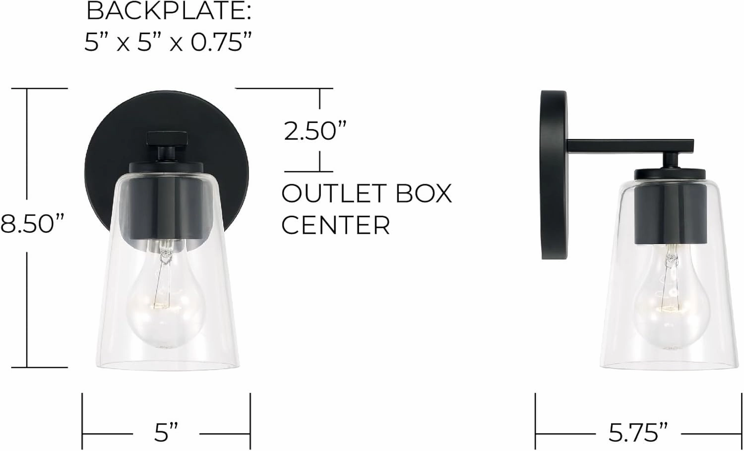 HomePlace Lighting 648611MB-537 Portman Transitional Clear Glass Cone Wall Sconce, 1-Light 100 Watt, 9" H x 5" W, Black