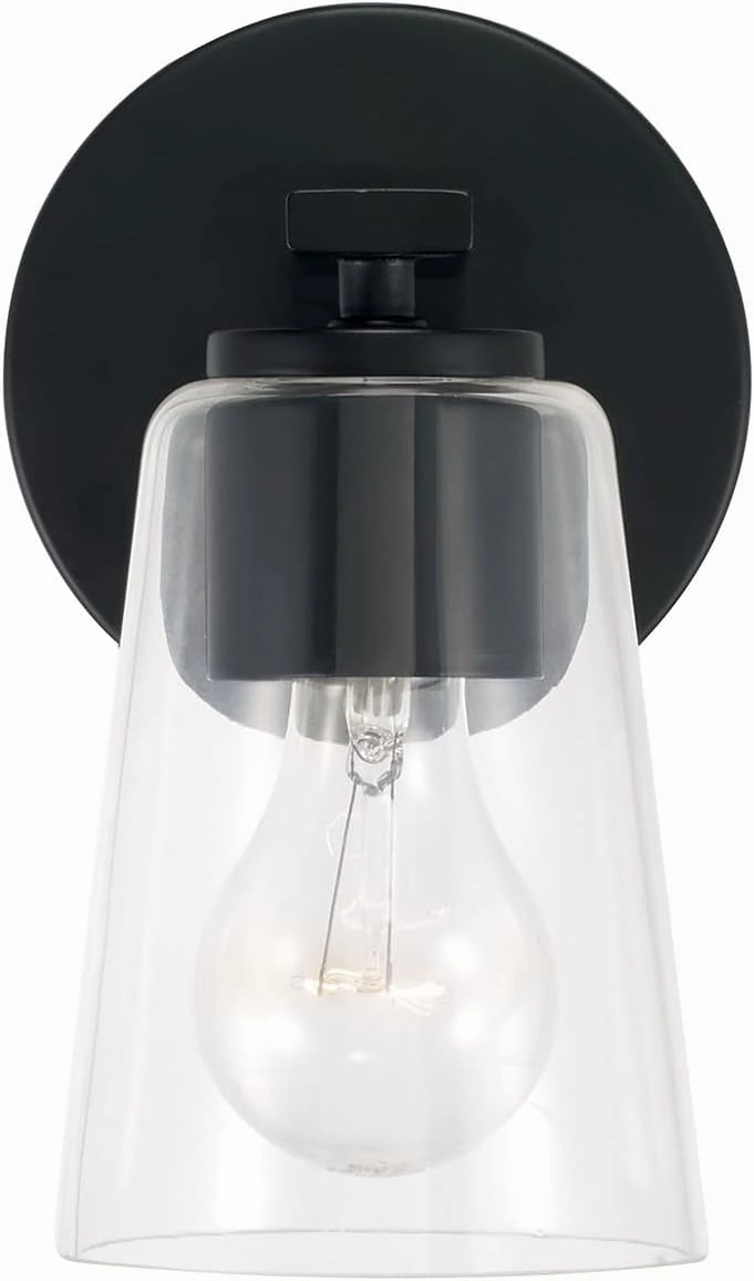 HomePlace Lighting 648611MB-537 Portman Transitional Clear Glass Cone Wall Sconce, 1-Light 100 Watt, 9" H x 5" W, Black