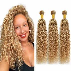 Honey Blonde Bundles P27/613 Kinky Curly Bundles Human Hair 8 10 12 inch Brazilian Virgin Remy Hair Extensions Honey Blonde Kinky Curly Bundles Double Weft P27/613 Human Hair Weave