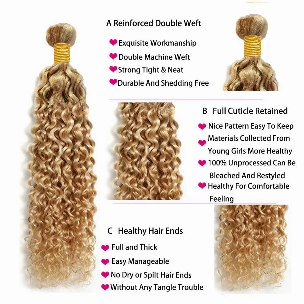 Honey Blonde Bundles P27/613 Kinky Curly Bundles Human Hair 8 10 12 inch Brazilian Virgin Remy Hair Extensions Honey Blonde Kinky Curly Bundles Double Weft P27/613 Human Hair Weave
