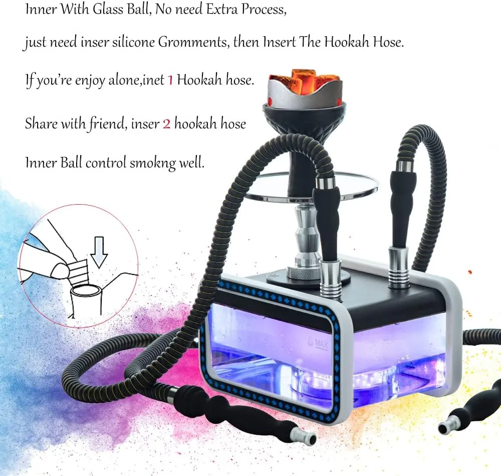 Hookah Set 2 Hose, Large Opening Micro Modern Cuboid Acrylic Portable Travel Hookahs,Hookah with Portable Bag, Magical Remote LED Light, Silicone Hookah Bowl, Coal Tongs for Better Shisha Smoking