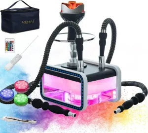 Hookah Set 2 Hose, Large Opening Micro Modern Cuboid Acrylic Portable Travel Hookahs,Hookah with Portable Bag, Magical Remote LED Light, Silicone Hookah Bowl, Coal Tongs for Better Shisha Smoking