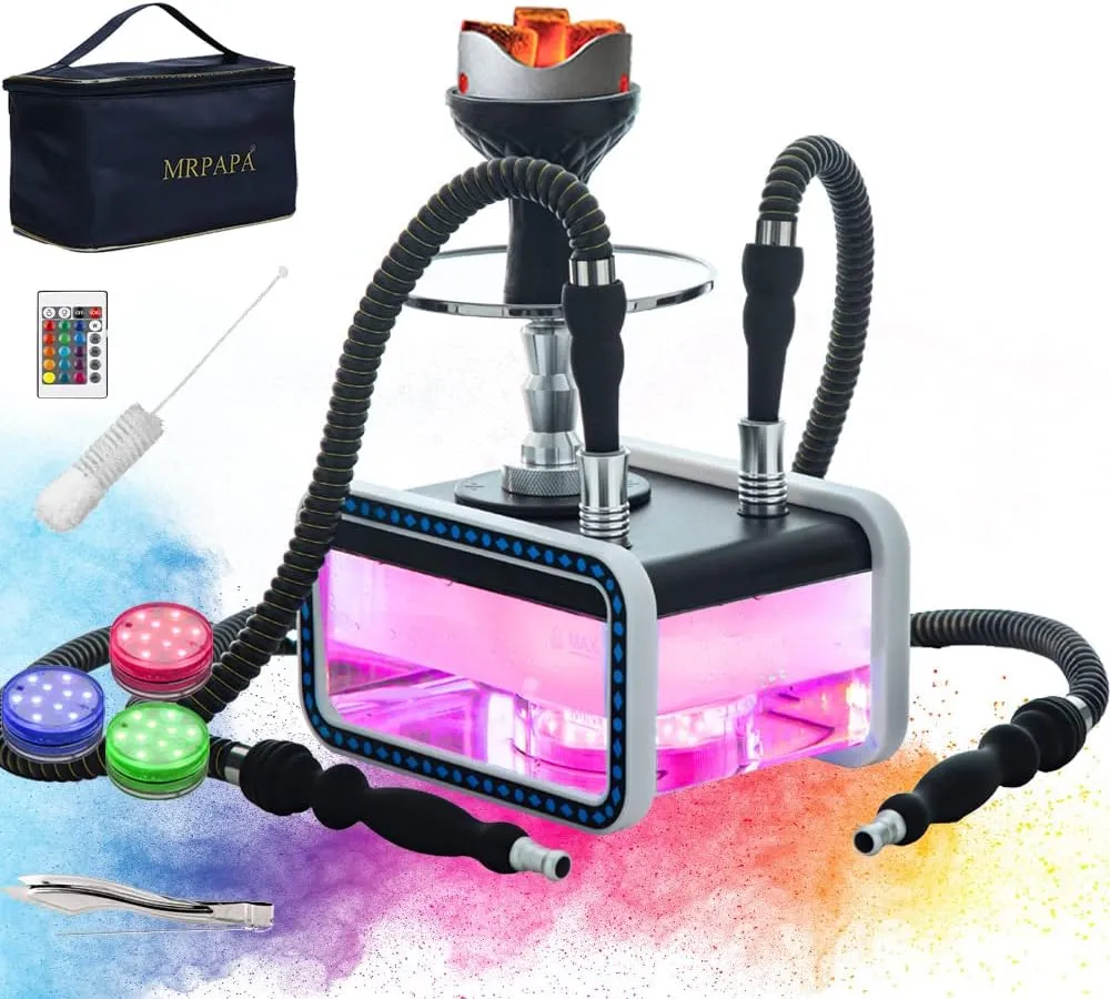 Hookah Set 2 Hose, Large Opening Micro Modern Cuboid Acrylic Portable Travel Hookahs,Hookah with Portable Bag, Magical Remote LED Light, Silicone Hookah Bowl, Coal Tongs for Better Shisha Smoking
