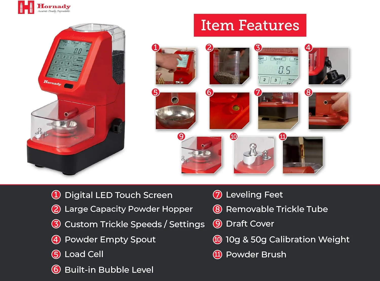 Hornady Auto Charge Pro Powder Measure - Precise Powder Measuring and Dispensing, Accurate to 0.1 Gain - Features Customizable Trickle Speeds, Back-Lit Touch Screen and Built-In Bubble Level