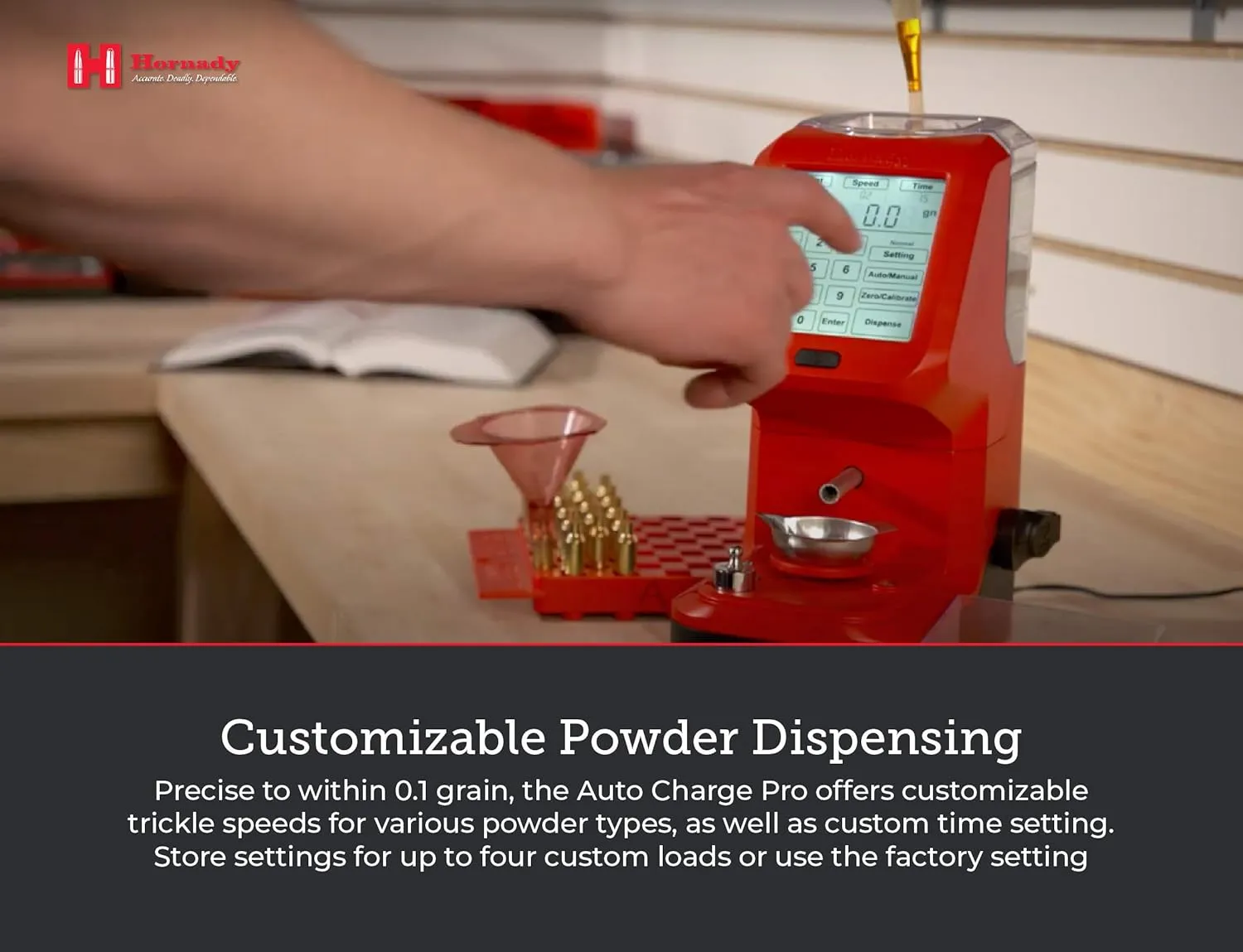 Hornady Auto Charge Pro Powder Measure - Precise Powder Measuring and Dispensing, Accurate to 0.1 Gain - Features Customizable Trickle Speeds, Back-Lit Touch Screen and Built-In Bubble Level