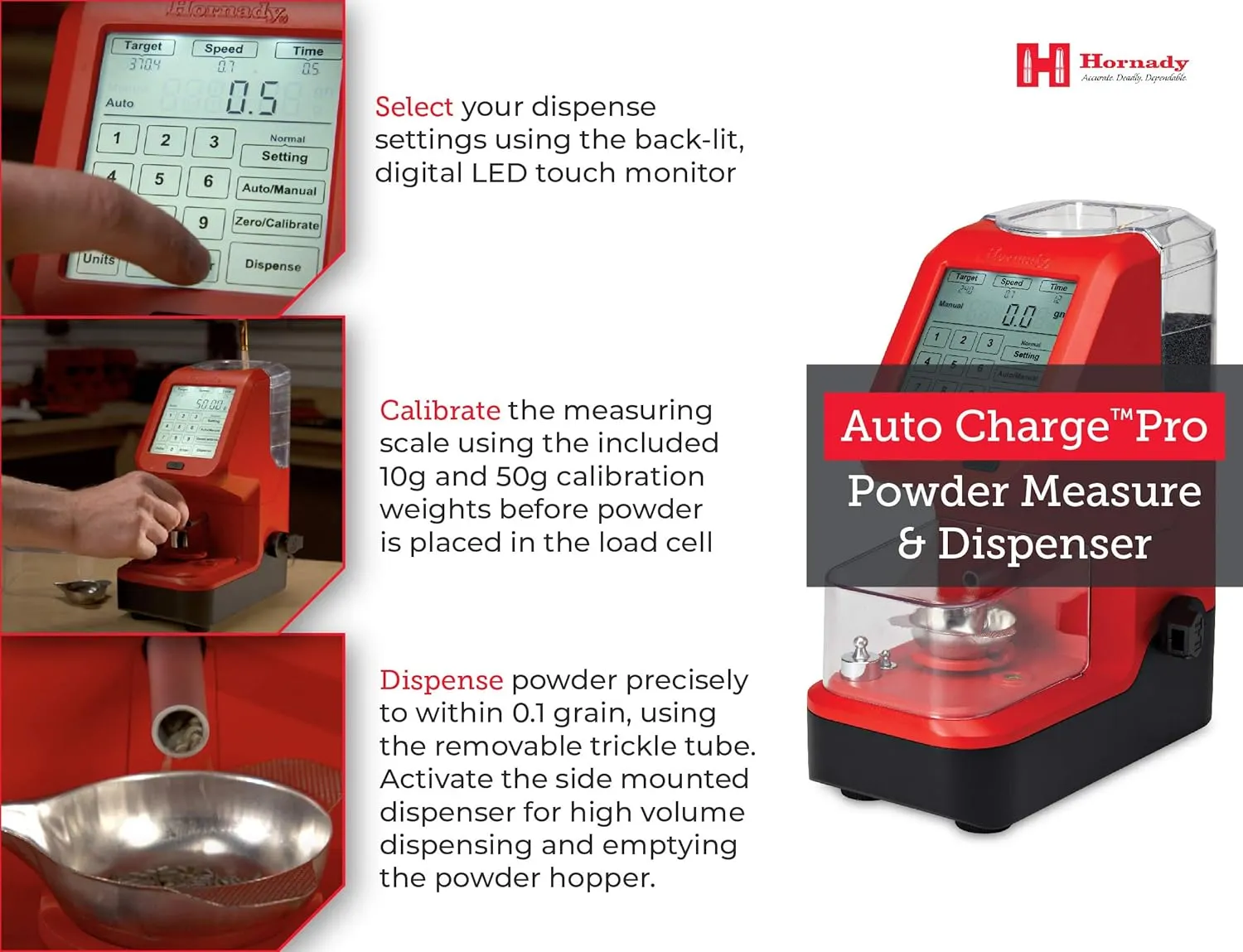 Hornady Auto Charge Pro Powder Measure - Precise Powder Measuring and Dispensing, Accurate to 0.1 Gain - Features Customizable Trickle Speeds, Back-Lit Touch Screen and Built-In Bubble Level