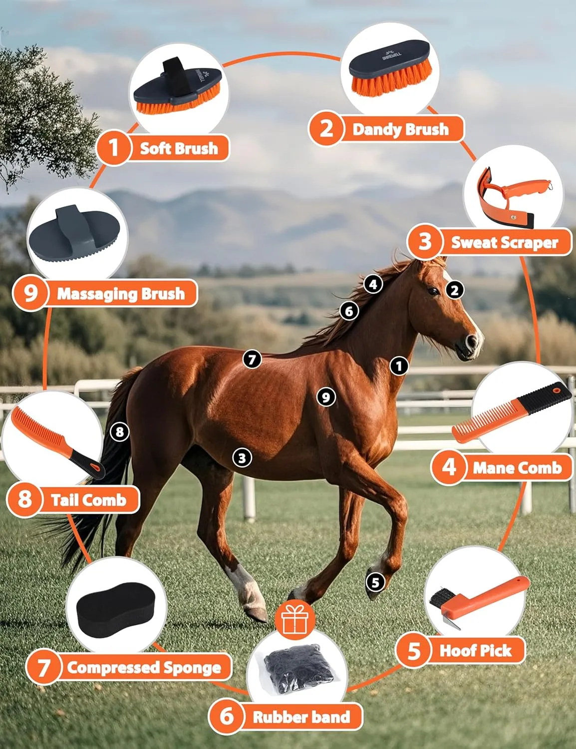 Horse Grooming Brushes Kit 8 pieces with Organizer Bag Horse Grooming Care Series Horse Brush Sets Orange