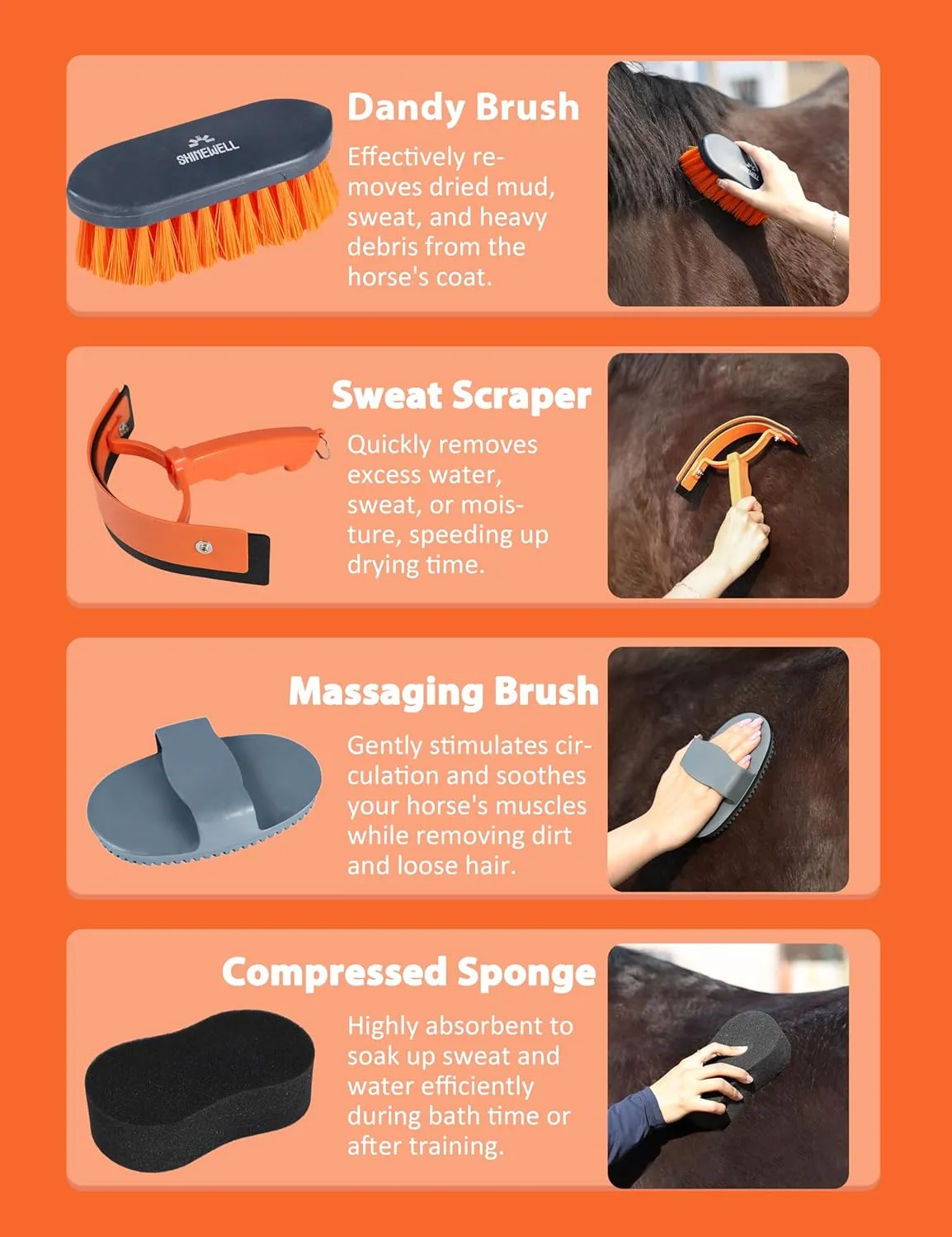 Horse Grooming Brushes Kit 8 pieces with Organizer Bag Horse Grooming Care Series Horse Brush Sets Orange