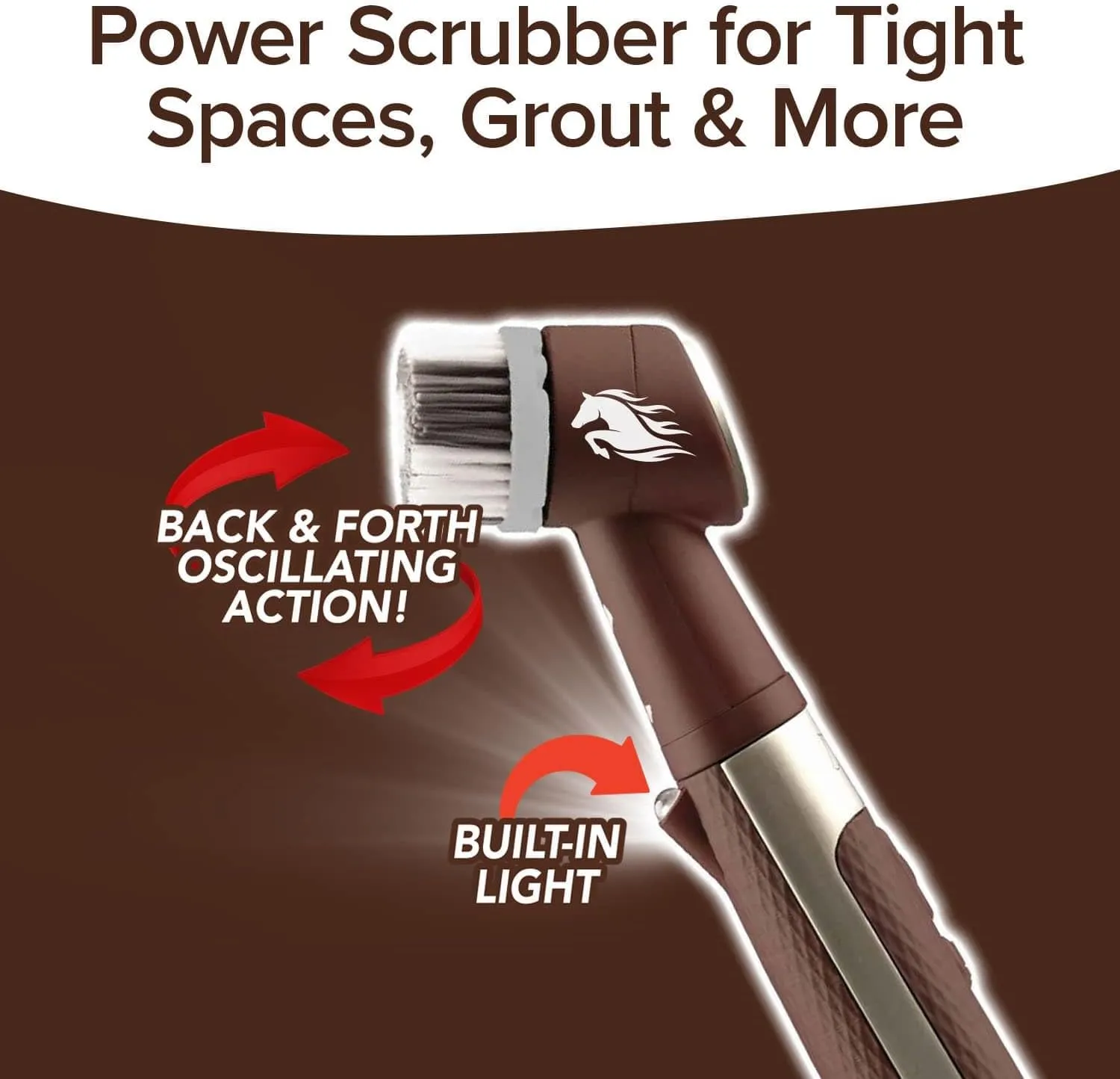Horsepower Pocket Pony, AS-SEEN-ON-TV, Waterproof, Cordless, Pocket-Sized, Oscillating Power Scrubber, Deep Clean, Tight Spaces, Rechargeable, Grout Lines, Corners & Detailing, 5 Brush Heads & LED